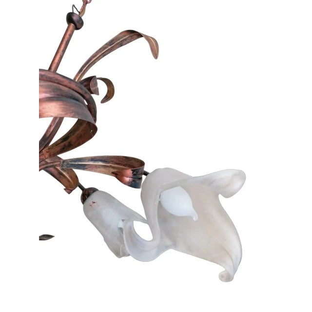 1980s Five-Light Spiral Pendant with Copper-Colored Wrought Iron Leaves and Glass Lily Cups, 1980s For Sale - Image 5 of 8