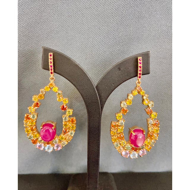 Bochic “Capri” Vintage Ruby & Multi Fancy Sapphire Earrings-18K Gold & Silver For Sale - Image 10 of 17