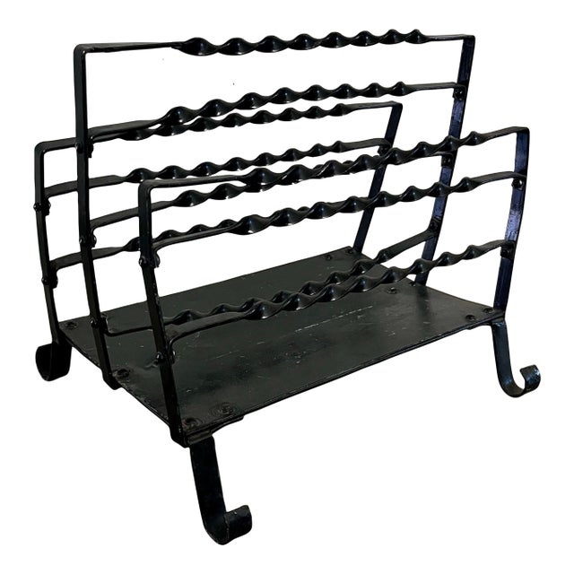 1960s Vintage French Twisted Wrought Iron Magazine Rack For Sale