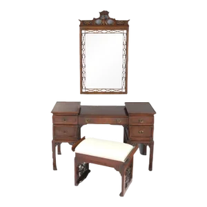 Set of 3 Antique Chinese Chippendale Mahogany Dressing Table With Mirror & Bench Circa 1940