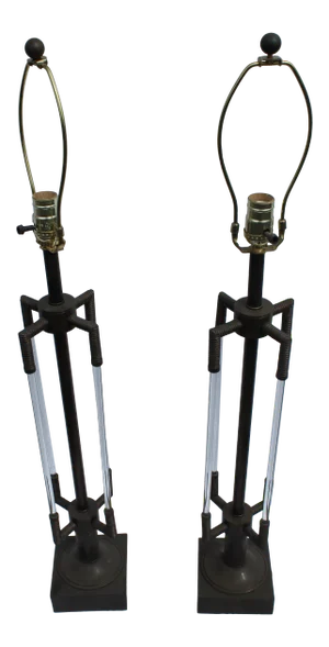 Deco Glass Rods Bronze Table Lamps with Cast Marble Bases - a Pair