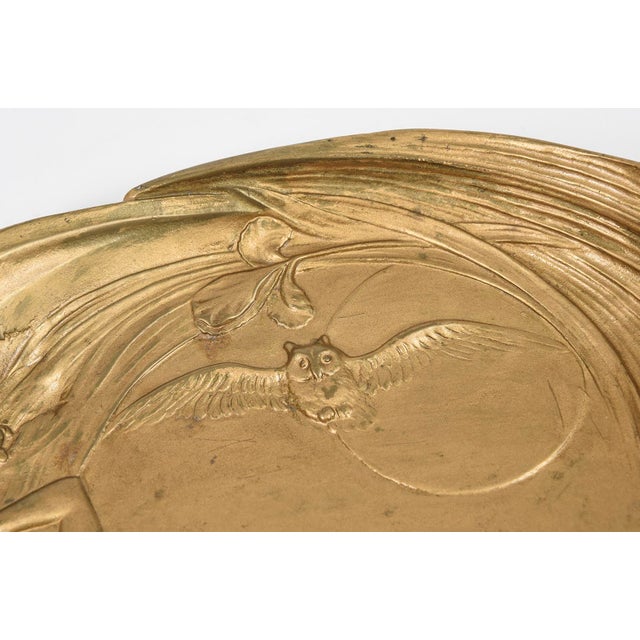 Late 19th Century Art Nouveau Figural Nude Woman With Owl and Moon Floral Tray For Sale - Image 5 of 10