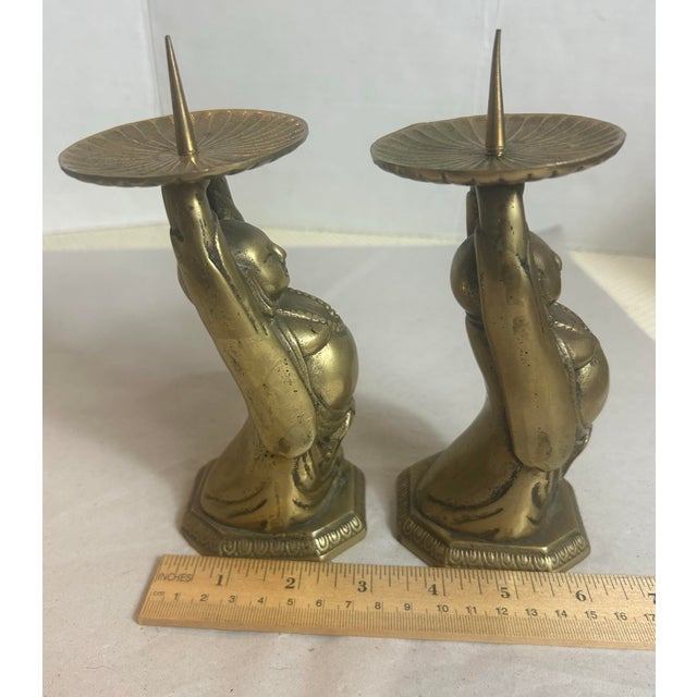 Vintage Brass Buddha Altar Candle Holders - A Pair For Sale - Image 11 of 12