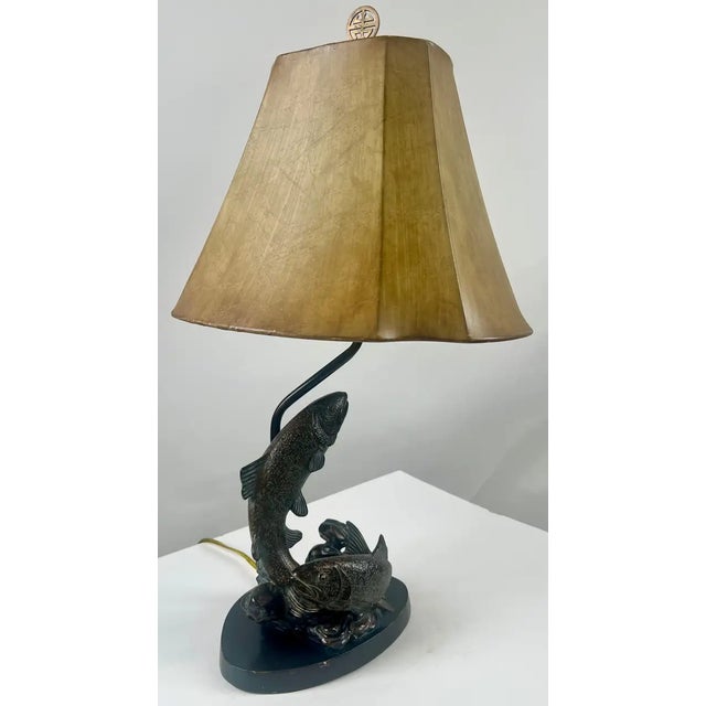 Rustic Style Flying Trout Table Lamp With Bronzed Base and Faux Leather Shade For Sale - Image 4 of 18