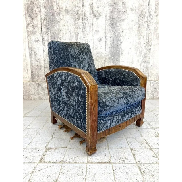 Art Deco Blue Velvet Lounge Chair For Sale - Image 4 of 7