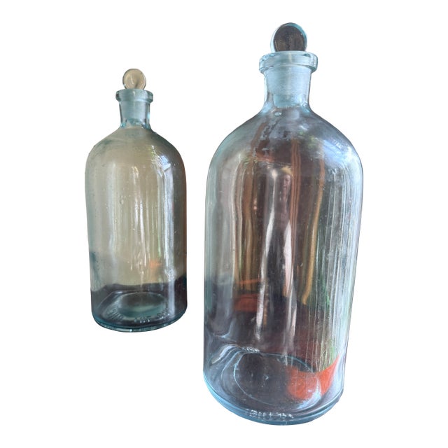 Mid-20th Century Laboratory Reagent Bottle With Ground Glass Stopper Narrow Mouth Apothecary Glass Vessel For Sale