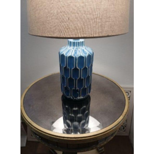 Moroccan Style Lamp Ocean Blue Handpainted Ceramic Bedroom Decor W Shade For Sale - Image 9 of 15