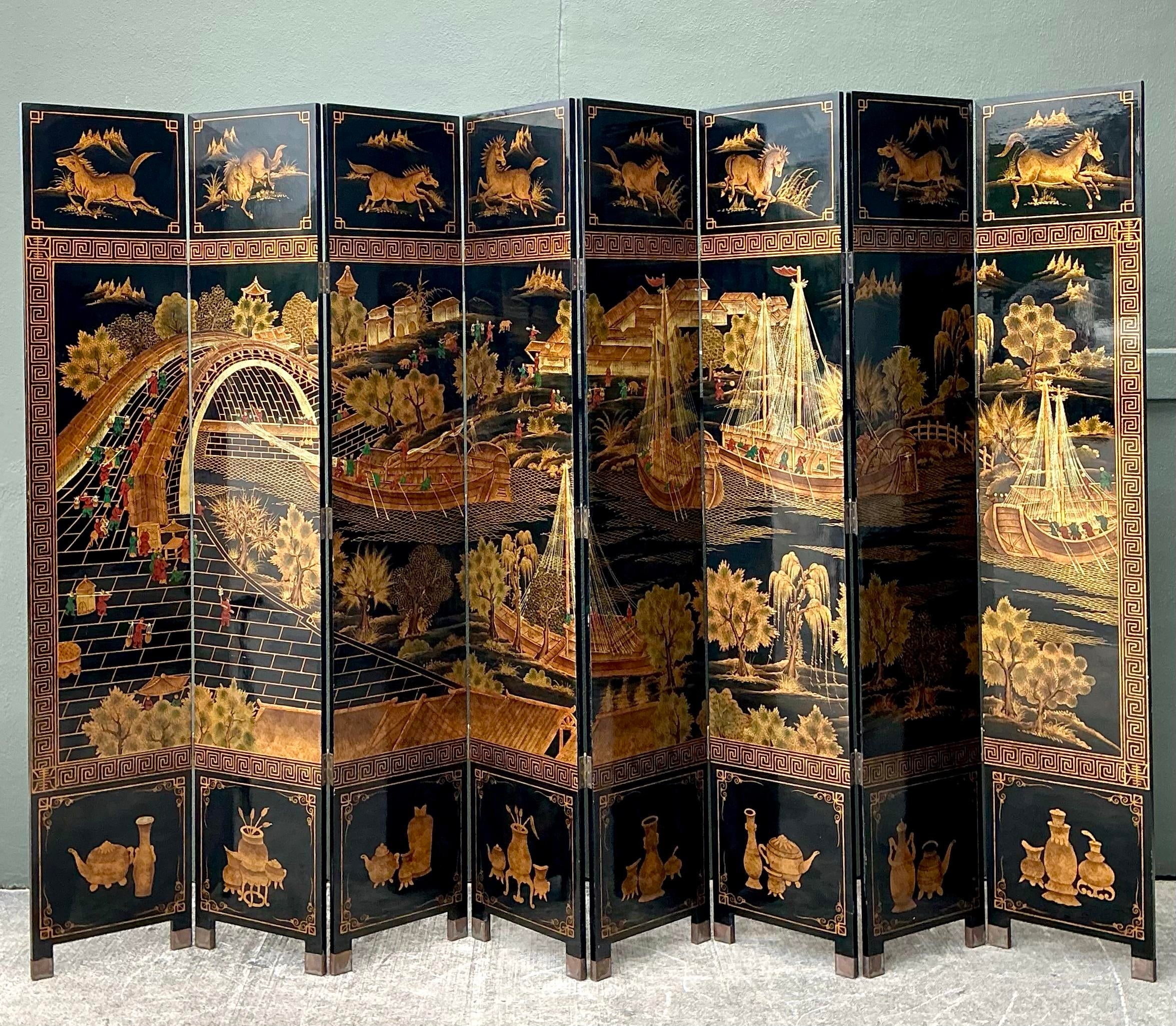 Vintage Asian 8 Panel Coromandel Screen | Chairish