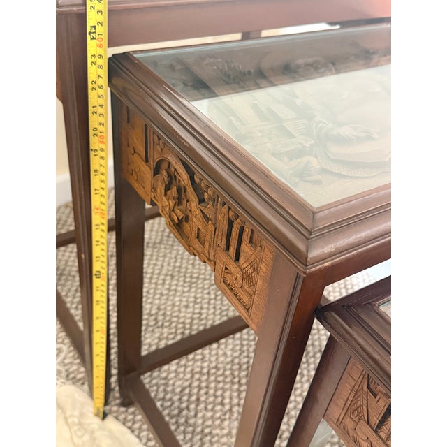 1950s 1950s George Zee & Co. Carved Wood Nesting Tables Set With Glass Tops Buddha For Sale - Image 5 of 12