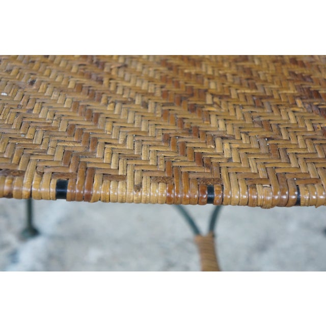 Pair Mid Century Modern Iron Wicker Patio Chairs Vintage Wrought Iron Dining Armchairs For Sale - Image 16 of 18