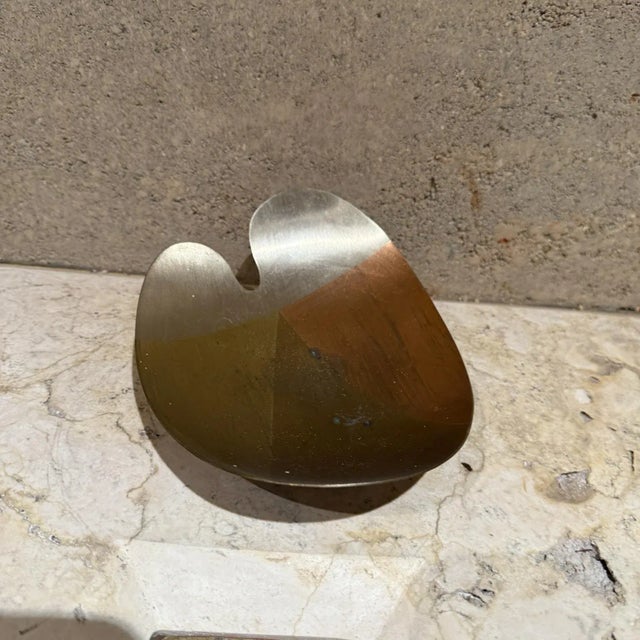 For your consideration, a 1970s Mexican mixed metal footed Dish. Metales casados organic shape. Mounted on three balls. No...