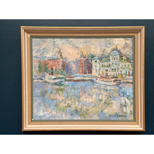 Original Scandinavian Oil on Panel – “Waterfront Cityscape” by Arvidsson – Signed – Vintage & Framed – 53 × 46 cm (20.9" ×...