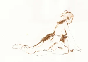Original Mounted Modern Figure Drawing in Brown Ink of Woman in Pigeon Pose