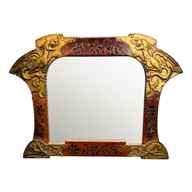 Art Nouveau Mirror in Gilt Brass and Leather after Gabriel Viardot, France, 1930s For Sale