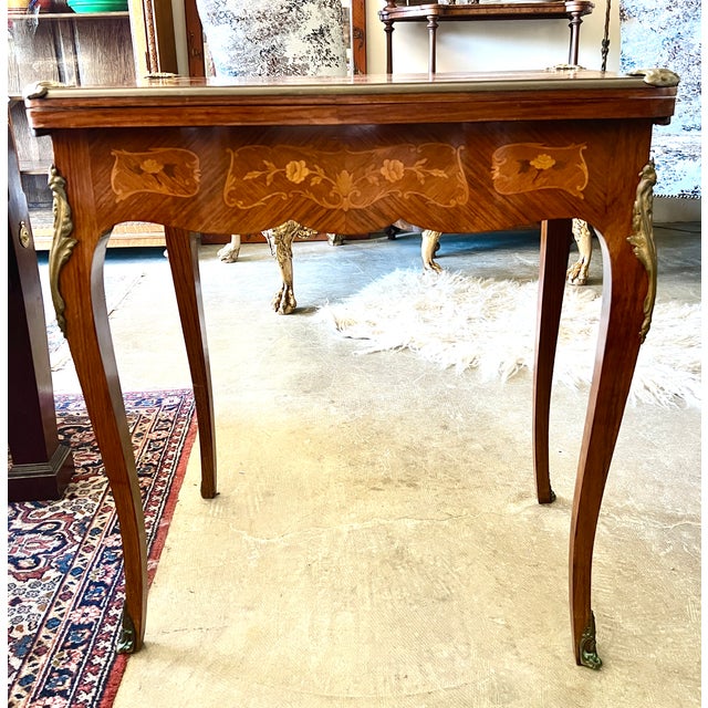 1900s Victorian Rosewood Game Table With Floral Inlay, Brass Details, Expandable, Original Condition For Sale - Image 10 of 10