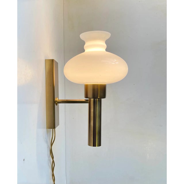 Metal Scandinavian Modern Brass & Opaline Glass Wall Sconce from Vitrika, 1970s For Sale - Image 7 of 7