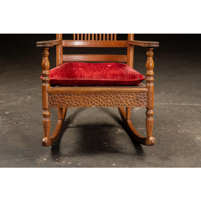 Antique Wooden Rocking Chair With Red Cushion For Sale - Image 9 of 10