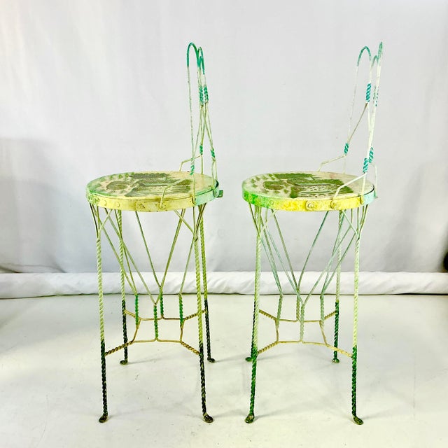 Turquoise 1970s Vintage Boho Chic Italian Ice Cream Cafe Indoor Outdoor Bar Stools Convertible Drinks Tables - A Pair For Sale - Image 8 of 18