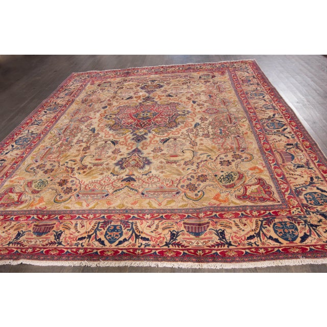 Early 20th Century Vintage Persian Tabriz Handmade Beige Wool Rug For Sale - Image 5 of 13