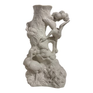 Vintage White Porcelain Crane & Foliage Sculptural Vase For Sale