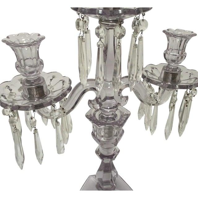 Antique Heisey Glass Puritan 3-Light Candelabra #300 Complete Prisms Sun Purple Tint c.1904-1915 For Sale - Image 9 of 9