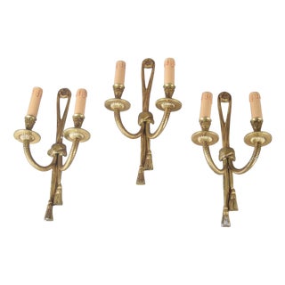 Brass Double-Arm Wall Sconces with Rope and Tassel Motif, 1950s, Set of 3 For Sale