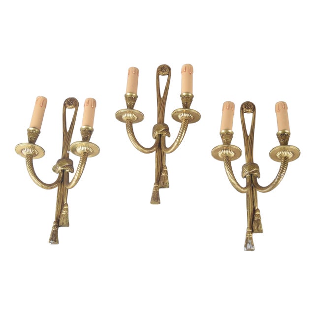 Brass Double-Arm Wall Sconces with Rope and Tassel Motif, 1950s, Set of 3 For Sale