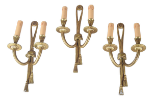 Brass Double-Arm Wall Sconces with Rope and Tassel Motif, 1950s, Set of 3