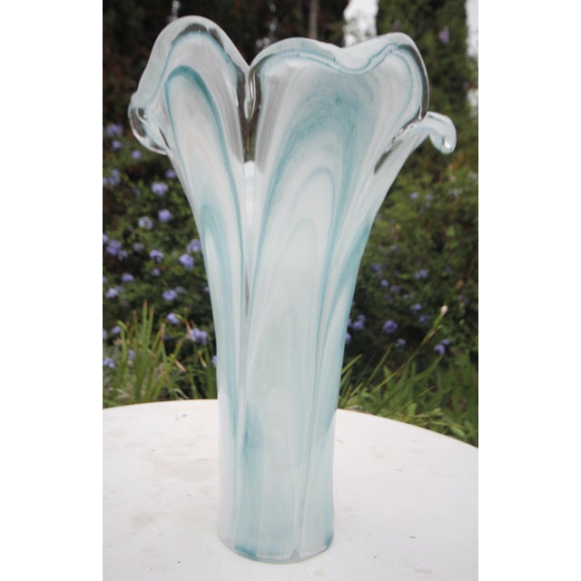 Tall 15.5” Murano Italian Blown Glass Fazzoletto Lily Vase – Aqua Alabastro Swirl For Sale - Image 12 of 14