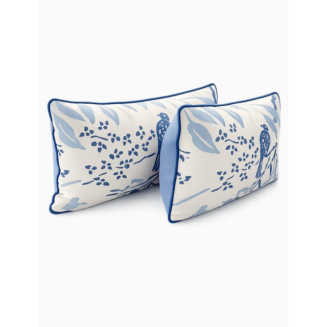 2020s A Pair of Blue & White Bird Print Lumbar Pillows With Contrast Piping For Sale - Image 5 of 5