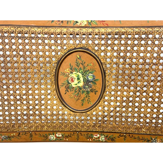 Wood Late 20th Century Elegant Sheraton Style Painted Floral Cane Settee With Neoclassical Detailing For Sale - Image 7 of 14