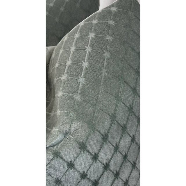 Custom pair of 22” pillows covered in a soft sage embossed mohair. These pillows have tapered corners to prevent dog ears,...