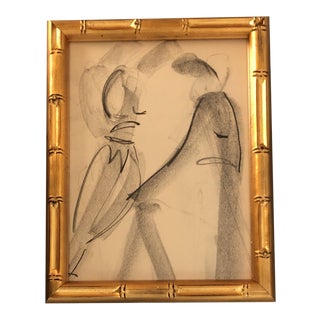 Vintage Original Abstract Charcoal Study Drawing Faux Bamboo Frame 1950’s For Sale