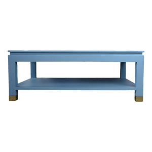 Karl Springer Style Modern Light Blue Linen-Raffia Coffee Table. With Four Brass Sabot