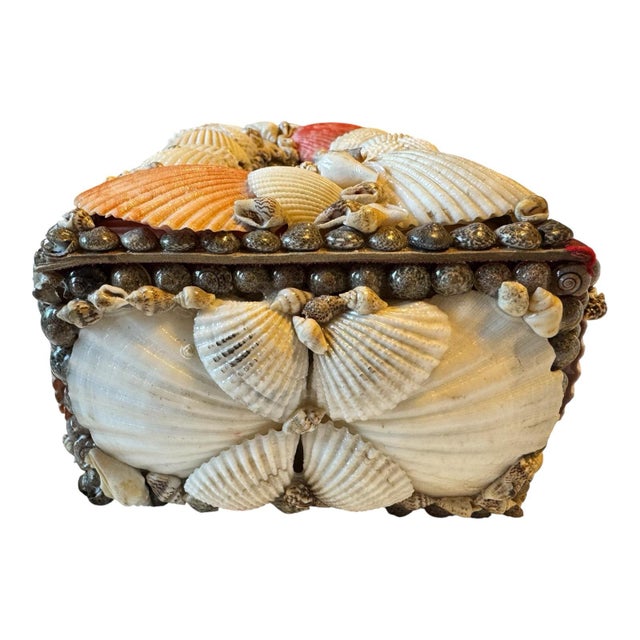 Vintage Handmade Seashell Encrusted Coastal Folk Art Tissue Box Cover With Red Velvet Lining For Sale In Los Angeles - Image 6 of 8