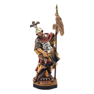 German Hand-Carved Saint Florian Devotional Wood Figure With Architectural Base, 13.5" For Sale
