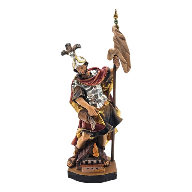 German Hand-Carved Saint Florian Devotional Wood Figure With Architectural Base, 13.5" For Sale