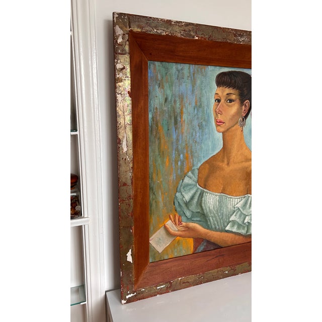 This mid-century portrait depicts a Spanish woman in a ruffled, off-the-shoulder mint green dress. She features an...