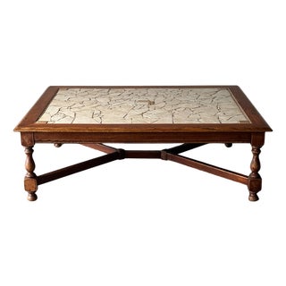 1970s Hand-Laid Stone Mosaic Coffee Table on Vintage Oak Trestle Base For Sale