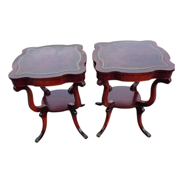 Pair of 1940 Regency Style Leather Top Maple Wood Tables. For Sale