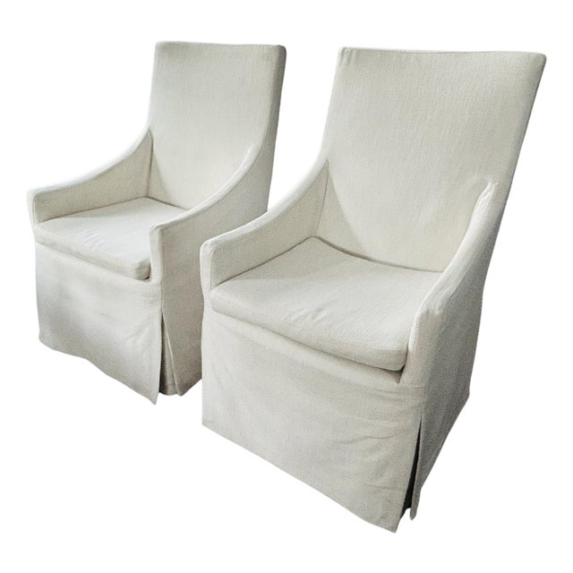 Pair Restoration Hardware Belgian Slipcovered Slope Arm Dining Armchair – Luxury Skirted Host Chair For Sale