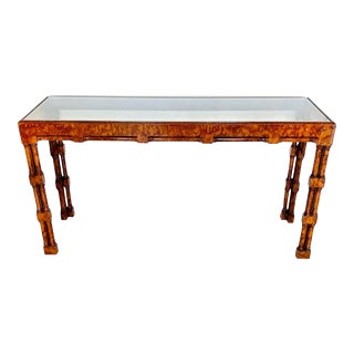 Vintage Chinoiserie Burl Wood Glass Top Console Table For Sale