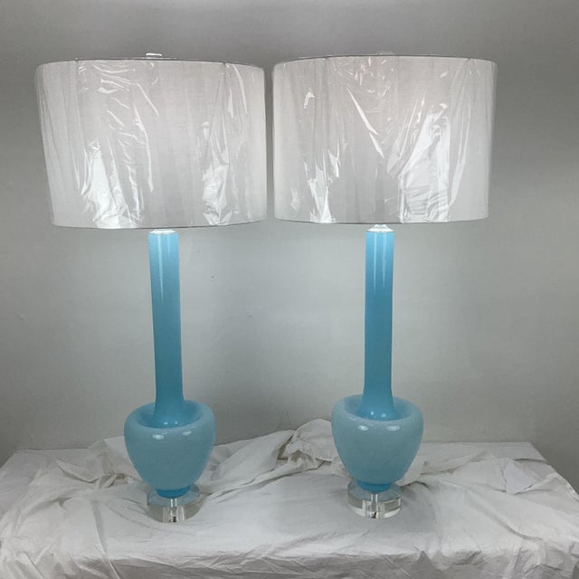 Rare Vinatge Blue Murano Glass Lamp Pair For Sale - Image 10 of 10