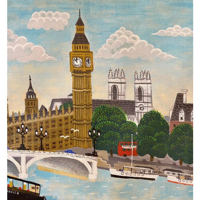Folk Art Andrew Murray, Naive London Street Scene Folk Art Oil Painting Big Ben, Parliament, Union Jack For Sale - Image 3 of 7