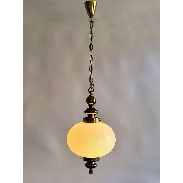 Mid-Century Modern Opaline Glass and Brass Pendant Light in the style of Luigi Caccia Dominioni, 1950s For Sale - Image 4 of 11