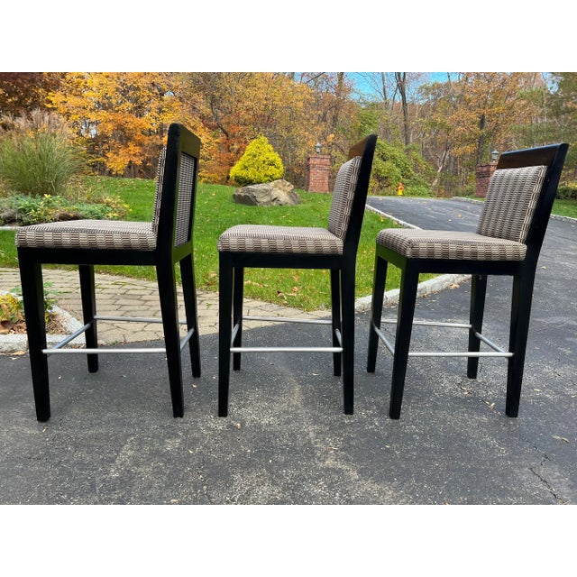 2000 - 2009 2000’s Holly Hunt Modern Mahogany Upholstered Counter Stools - Set of 3 (Attributed) For Sale - Image 5 of 12