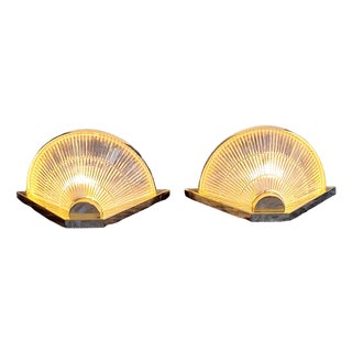 Vintage Flat Wall Lamps with Brass-Colored Metal Brackets and Ribbed Glass Shades, 1990s, Set of 2 For Sale
