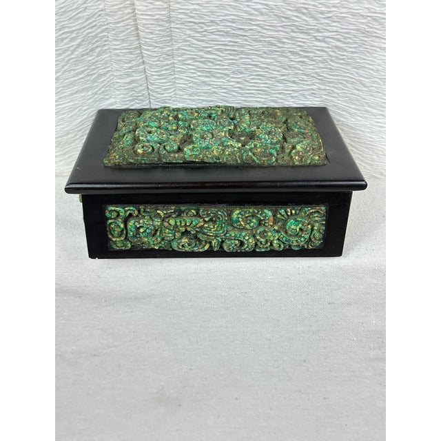 Vintage jewelry/trinket box made by Michael Zarebski and featuring Mayan and Aztec motifs, Cuernavaca, Mexico.