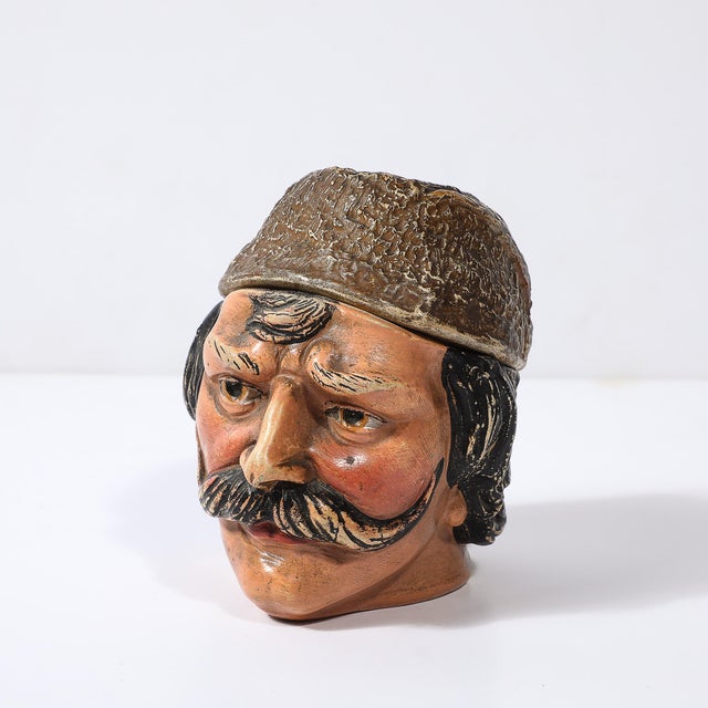 Ceramic Antique Hand-Painted Ceramic Tobacco Jar of a Man With Hat & Mustache For Sale - Image 7 of 11
