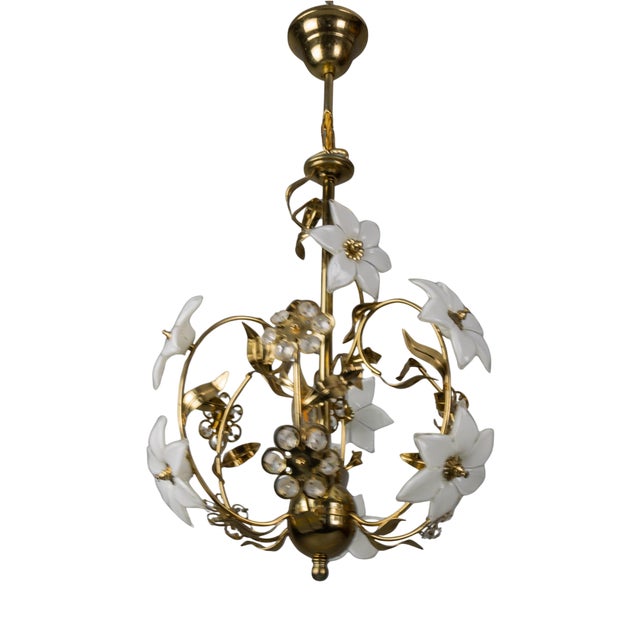 Hollywood Regency Style White Murano Glass Flower and Metal Chandelier, 1980s For Sale
